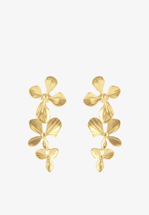 Kollase tooniga metallist kõrvarõngad, mis on kujult kolm ühendatud stiliseeritud lille, millel on tekstuuriga, kroonlehetaolised pinnad.