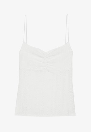 Valge kampsun õhukeste reguleeritavate rihmadega, millel on tekstureeritud kangas tõstetud mustritega ja kogutud esituse detail.