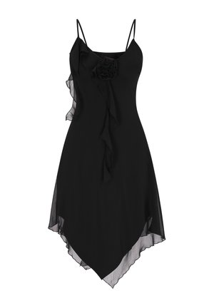 Czarna sukienka na ramiączkach z dopasowaną górą, falbanką po lewej stronie, kwiatowym akcentem i płynącym asymetrycznym dołem. Wykonana z lekkiego materiału.