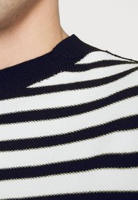 Pruhovaný svetr s černobílými vodorovnými pruhy, žebrovaným límcem, pletenou texturou a mírným otevřeným švem poblíž výstřihu.