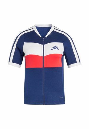 Laivastonsininen urheilupaita lyhyillä hihoilla, jossa edessä vetoketju, valkoiset ja punaiset vaakaraidat, valkoinen kaulus, olkapääraidat ja Adidas-logo rinnassa.