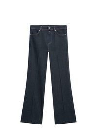 Ciemne dżinsowe spodnie o szerokich nogawkach z wysokim stanem, wyposażone w dwie przednie kieszenie, szlufki na pasek i kontrastowe przeszycia.