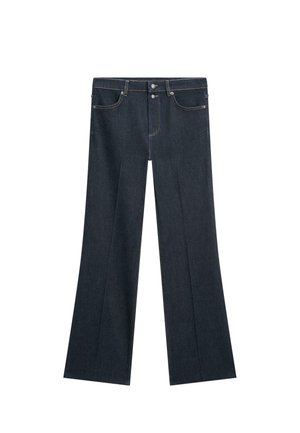 Ciemne dżinsowe spodnie o szerokich nogawkach z wysokim stanem, wyposażone w dwie przednie kieszenie, szlufki na pasek i kontrastowe przeszycia.