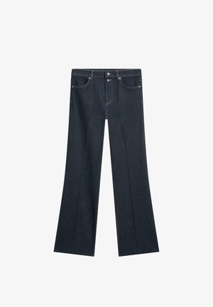 Ciemne dżinsowe spodnie o szerokich nogawkach z wysokim stanem, wyposażone w dwie przednie kieszenie, szlufki na pasek i kontrastowe przeszycia.