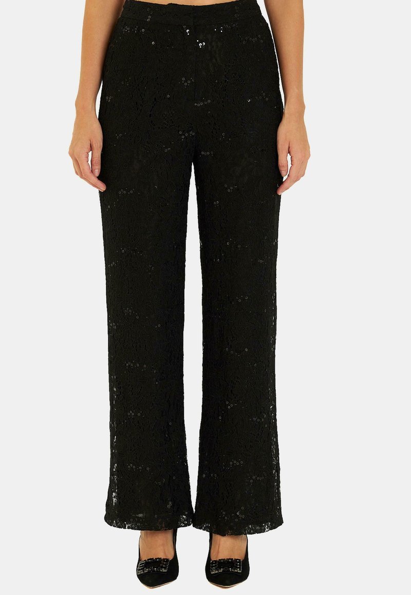 Zwarte kanten broek met een wijde pijpenontwerp, versierd met pailletten, een textuurafwerking en een hoge tailleband. Geschikt voor verschillende gelegenheden.