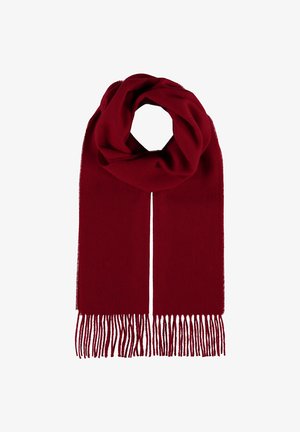 Écharpe rouge en matériau doux, conçue avec une texture lisse, doté de bouts frangés et d'un drapé en boucle.