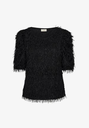 Svart topp med fransar, korta ärmar, rund hals, textil med subtil glans och lös passform, med en flödande, lager-på-lager design.