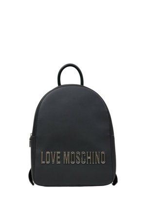 Zaino in ecopelle nera con forma arrotondata, dotato di manico superiore e del logo impresso "LOVE MOSCHINO" sul davanti.