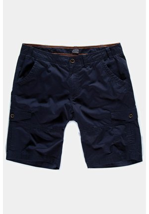 Marineblaue Cargo-Shorts mit mehreren Taschen, einem Knopfverschluss und orangefarbenen Nähten. Hergestellt aus leichtem Stoff, mit einem lockeren Schnitt.