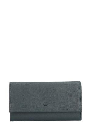 Gray leather wallet with a textured finish, featuring a fold-over design and a small circular accent on the front.