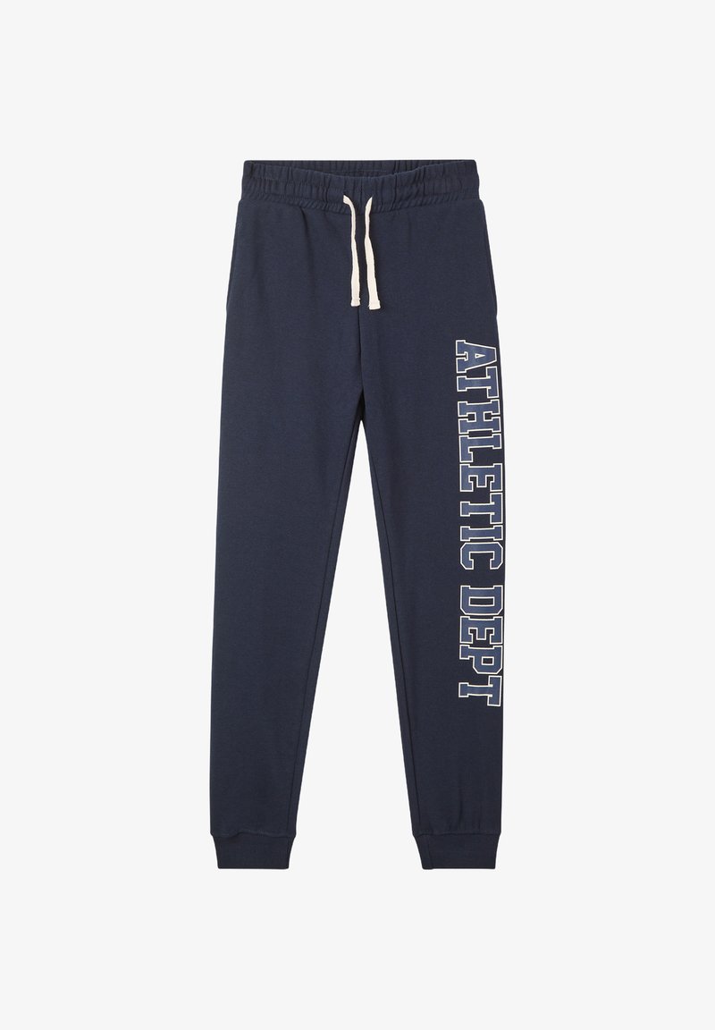 Granatowe spodnie dresowe z elastycznym pasem i sznurkiem. Posiadają białą nadrukowaną grafikę "ATHLETIC DEPT" wzdłuż lewej nogawki. Wykonane z miękkiego materiału.