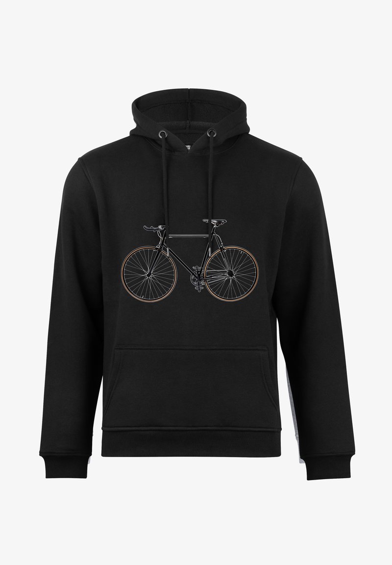 Black hoodie with a front graphic of a bicycle, featuring a simple line drawing, round hood, and kangaroo pocket. Cotton material.
