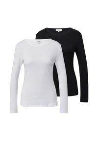 Langsleeve tops in witte en zwarte katoen. Beide hebben een ronde halslijn en een eenvoudig ontwerp zonder patronen of versieringen.