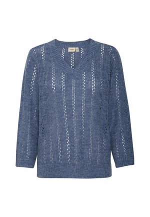 Blaues, gestricktes V-Ausschnitt-Sweatshirt mit vertikalen Lochmustern, langen Ärmeln und lockerer Passform. Weiche Textur mit leichtem Design.