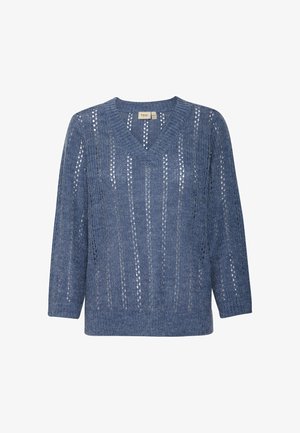 Sinine kudum v-kaelusega sall, millel on vertikaalsed avatud mustrid, pikad varrukad ja lõdva lõikega. Pehme tekstuur koos kerge disainiga.