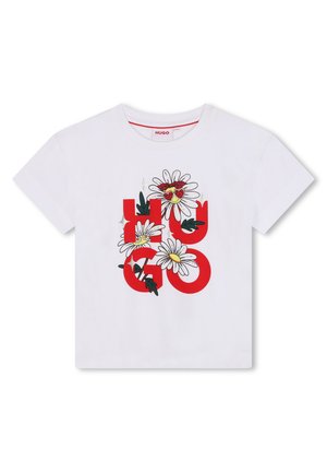 Witte katoenen t-shirt met een rood "HUGO" logo met florale graphics, waaronder madeliefjes en hartvormen, en een ronde halslijn.