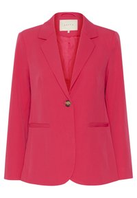 Roze blazer gemaakt van gladde stof, met een enkele knoopsluiting, revers met inkeping en twee voorzakken. Het stiksel accentueert de structuur.