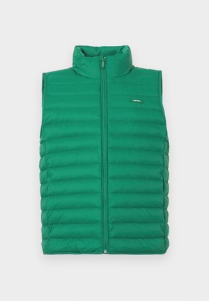 Gilet imbottito verde, caratterizzato da un alto colletto, un design a quadri verticali, chiusura con zip e un piccolo logo sulla parte anteriore. Tessuto morbido.