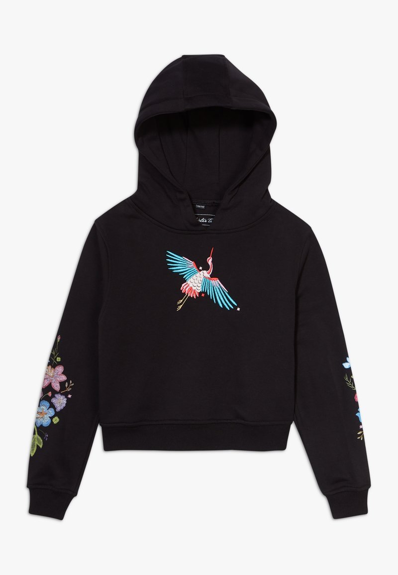 Hoodie noir court avec un motif de grue brodé à l'avant en bleu et rose. Détails de broderie florale dans des couleurs pastel sur les manches.
