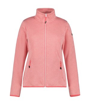 Pink zip-up jacket with diamond textured pattern, high collar, long sleeves, and two zippered side pockets.