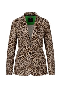 Leopard print blazer in soft fabric, featuring a green inner lining, notched collar, two-button closure, and two front pockets.