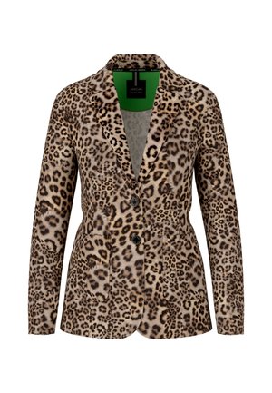 Leopard print blazer in soft fabric, featuring a green inner lining, notched collar, two-button closure, and two front pockets.