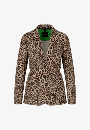 Leopard print blazer in soft fabric, featuring a green inner lining, notched collar, two-button closure, and two front pockets.
