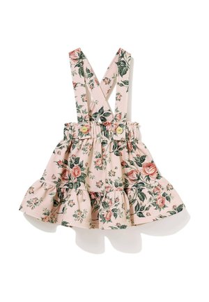 Różowa spódniczka dla malucha z kwiatowym wzorem, falbaną na dole i regulowanymi, krzyżowanymi szelkami zapinanymi na drewniane guziki.