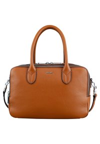 Tan læder taske med to håndtag, sølv hardware og lynlås lukning. Har en struktureret overflade og justerbar skulderrem.