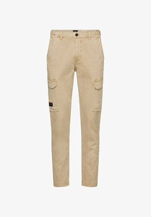 Beige slim-fit cargobroek met knoop- en ritssluiting, riemlussen, zakken aan de zijkant en klepzakken op beide dijen.