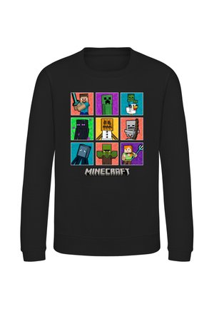 Sort sweatshirt med ni farverige Minecraft-figurer i et gitter over Minecraft-logoet.