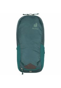 Compact green Deuter backpack with zippered front pocket and logo on top, designed for outdoor or travel use.