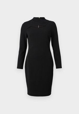 Vestido preto de mangas longas com um decote alto, apresentando um recorte em formato de buraco de chave abaixo da gola, feito de um tecido suave e elástico.