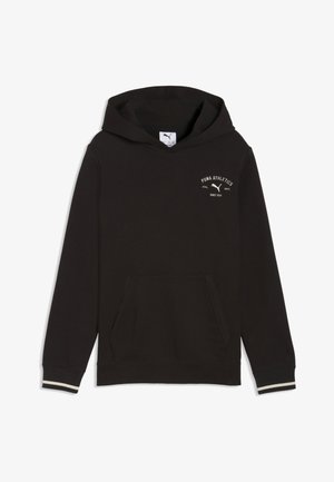 Juodas Puma džemperis su kapišonu, priekine kišene, gobtuvu, baltu logotipu ant krūtinės ir baltomis juostelėmis apvadais.