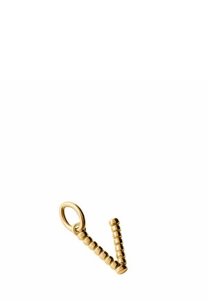 Colgante de tono dorado con dos barras con cuentas conectadas por un pequeño anillo, dispuestas en forma de V sobre un fondo blanco.