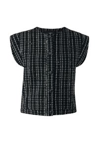 Černobílý kostkovaný krátkosrstý top s kulatým výstřihem, pěti knoflíky na přední straně a texturovaným materiálem s jemným leskem.