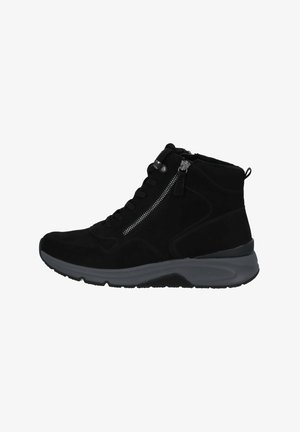 Black suede mid-top sneaker featuring a side zipper, padded collar, and textured rubber sole for enhanced grip and comfort.
