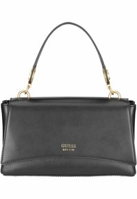 Borsa a mano in pelle nera con design strutturato, hardware dorato e manico superiore. Presenta "GUESS EST 1981" embossato sul davanti.