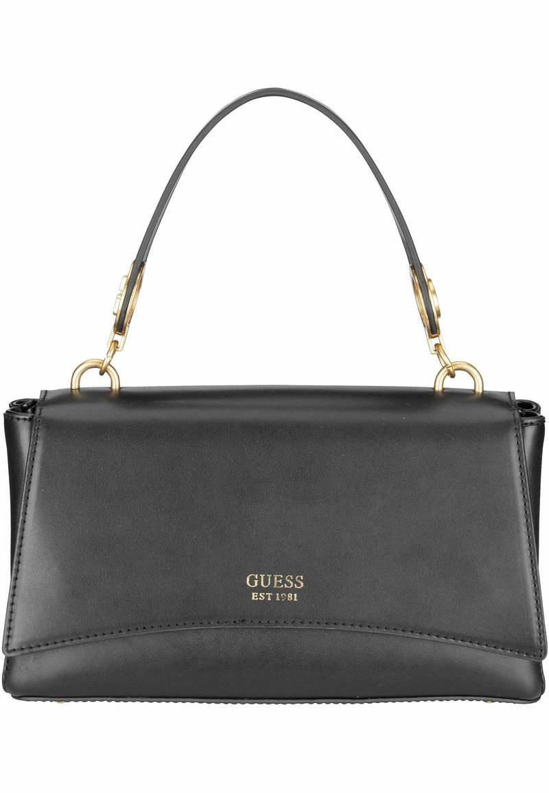 Borsa a mano in pelle nera con design strutturato, hardware dorato e manico superiore. Presenta "GUESS EST 1981" embossato sul davanti.