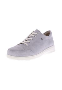 Grey suede sneakers with a rounded toe, white rubber sole, and off-white laces. Features a discreet logo on the side.
