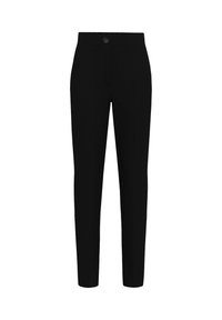 Pantaloni neri su misura realizzati in tessuto morbido, con chiusura a bottoni, gambe dritte e senza tasche o motivi visibili.