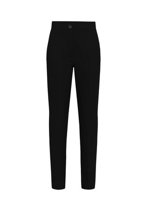 Pantaloni neri su misura realizzati in tessuto morbido, con chiusura a bottoni, gambe dritte e senza tasche o motivi visibili.