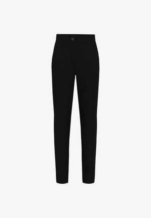 Pantaloni neri su misura realizzati in tessuto morbido, con chiusura a bottoni, gambe dritte e senza tasche o motivi visibili.