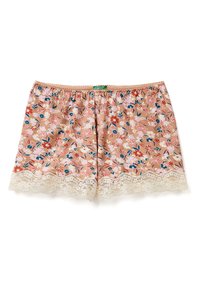 Floral pyjamashorts van perzikkleurige stof met meerkleurige bloemenpatronen. Kenmerkt zich door een kanten rand aan de onderkant en een elastische tailleband.