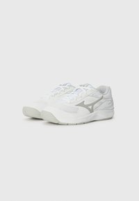 Białe sportowe buty z siateczkowym wierzchem, szarymi akcentami, sznurowanym wzorem i wyściełaną podeszwą; na boku znajduje się wyrazisty logo.