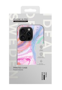 Colorful pastel marble phone case for iPhone 16 Pro with triple camera cutout, MagSafe compatible, slim and protective design.