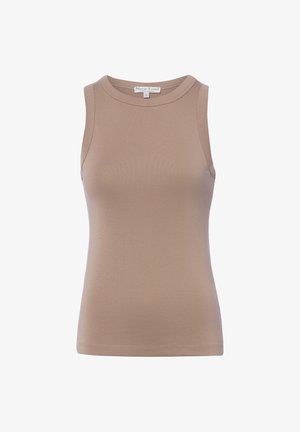 Sleeveless, fitted beige tank top with crew neckline, made of smooth fabric, labeled Marie Lund Copenhagen, size small.