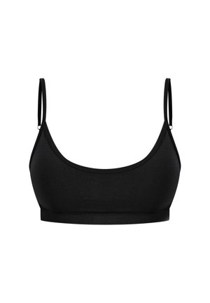 Bralette nera con spalline regolabili, texture liscia e scollatura rotonda. Presenta un design aderente con un'ampia banda nella parte inferiore.