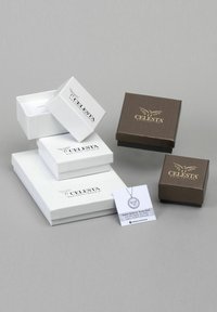 Tre scatole regalo: due bianche con loghi, una marrone con logo dorato. Una collana d'argento appesa a una cartolina con un messaggio. Forme piatte e quadrate.