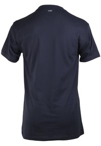 Marineblauwe katoenen t-shirt met korte mouwen, ronde hals en een eenvoudig ontwerp. Geen patronen of opvallende accenten. Achteraanzicht weergegeven.